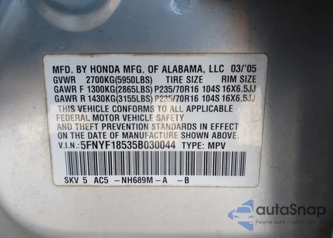 2005 Honda Pilot Ex-L z USA, uszkodzony, nr VIN 5FNYF18535B030044